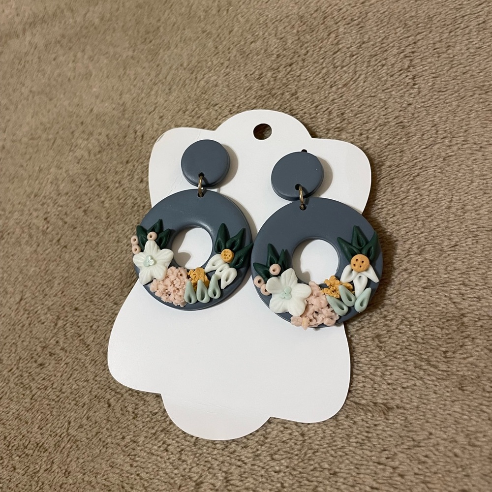 Handmade Navy Blue Clay Floral Earrings
